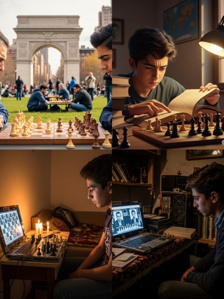 He was a quiet, deliberate force who played every weekend in Washington Square Park, against hustlers, tourists, masters, anyone who’d dare sit across from him. He had memorized over 200 openings. Spent 8 years at the New York Public Library studying endgames. Watched Sagar Shah's live commentary and post-match analysis of the recent games on the ChessBase India YouTube channel until sundown, on a busted laptop patched together from e-waste parts he’d fixed himself. His sanctuary was 64 squares wide. While others streamed Twitch, Zohran studied Boris Spassky. While Maira worked nights, he learned Bobby Fischer by candlelight during blackouts. And while friends partied till midnight, he watched interviews of the world's youngest chess champion, Gukesh Dommaraju from India.