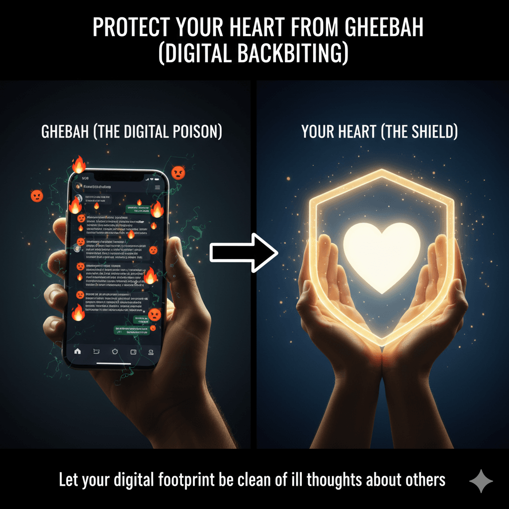 Protect Your Heart from Gheebah (Backbiting) in Digital Form:Gossiping about someone in a group chat, mocking someone in comment sections, sharing a story to judge someone—this is the 21st-century version of backbiting. The sin is the same. The Prophet ﷺ warned us against suspicion because it poisons the heart. Let your digital footprint be clean of ill thoughts about others.