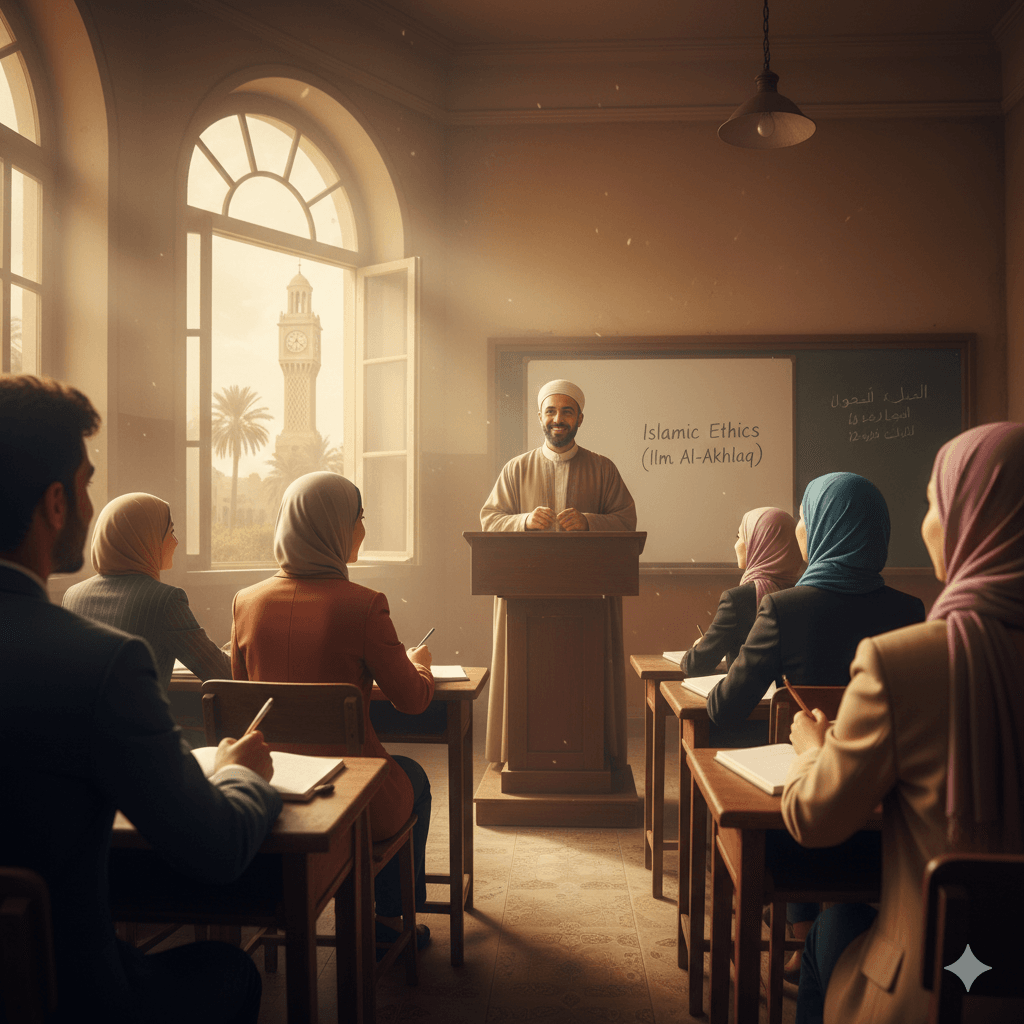 Professor Yasser adjusted his kufi, waiting for the rustling to settle. His "Islamic Ethics (Ilm Al-Akhlaq)" class was full of bright faces, young men and women in neat hijabs and modest collars, notebooks open, pens poised. They were thinkers, debaters, eager to dissect the world with the sharp tools of faith and reason.