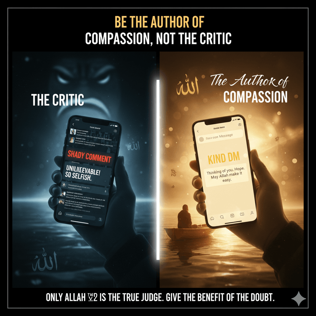 Be the Author of Compassion, Not the Critic:Everyone is fighting a battle you know nothing about—a sick parent, a hidden anxiety, a private dua. The man in the boat carried a burden no one saw. Choose to be the one who gives the benefit of the doubt, who sends a kind DM instead of a shady comment, who remembers that only Allah ﷻ is the True Judge.