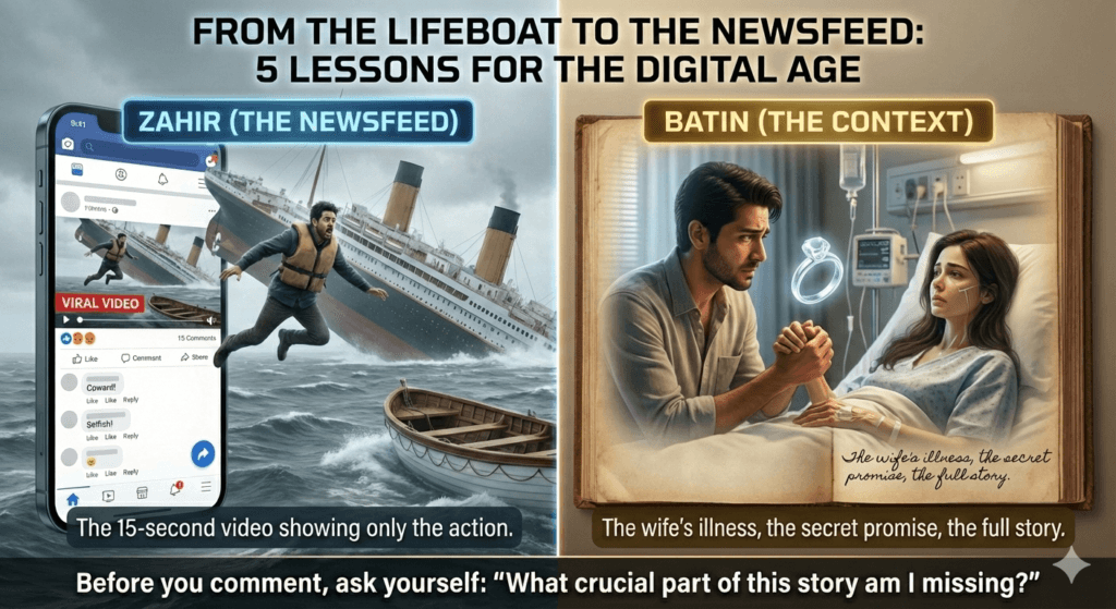 Social Media is the Ultimate Test of Zahir vs. Batin: It shows you the action (the man jumping into the boat) but almost never shows you the context (the wife's illness, the secret promise). Before you comment, react, or share an opinion, ask yourself: "What crucial part of this story am I missing?" The whole truth is rarely in the 15-second video.
