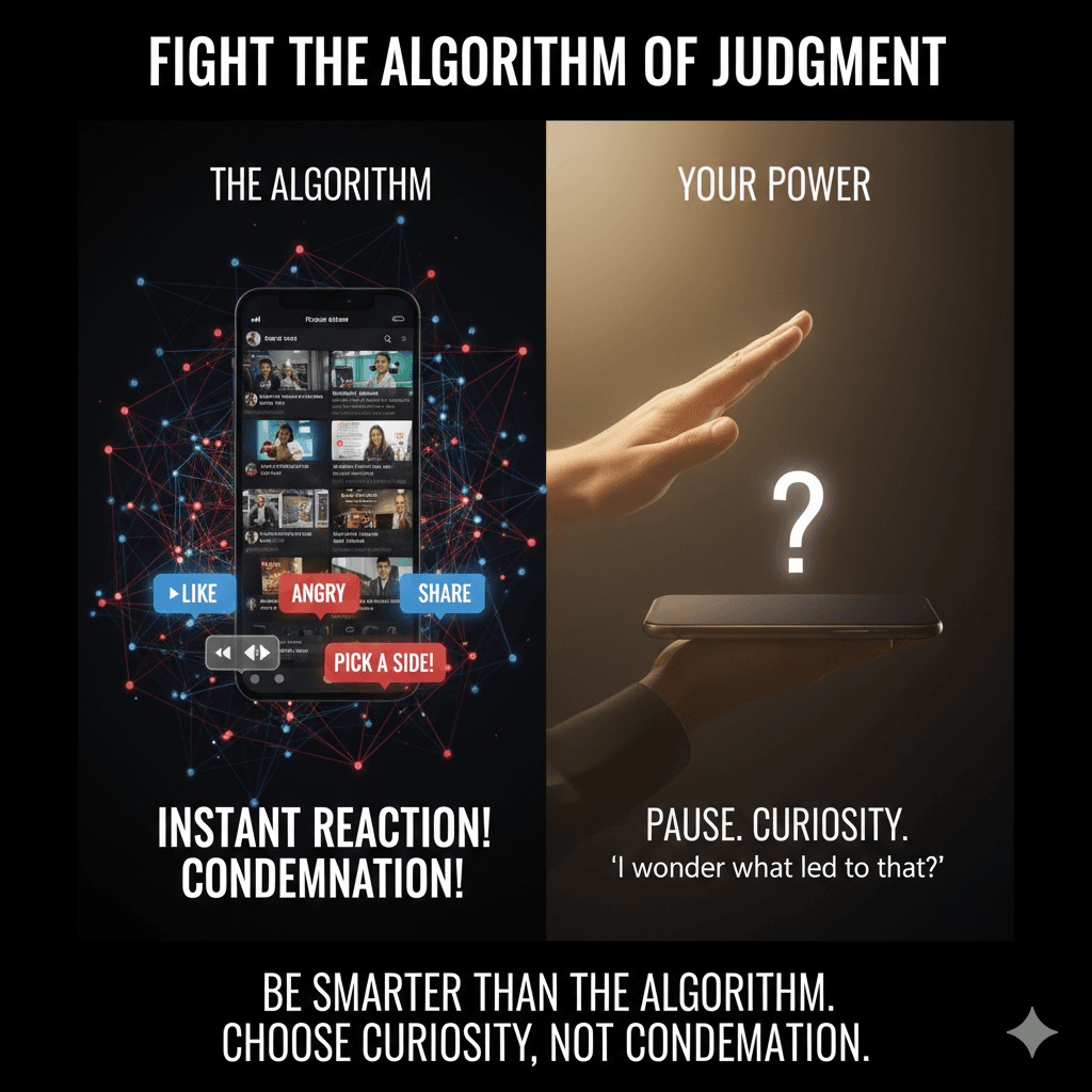 Fight the Algorithm of Judgment: Social media rewards quick, emotional reactions. It pushes you to pick a side instantly. Be smarter than the algorithm. Pause your scroll, pause your judgment. Let your first reaction be curiosity, not condemnation. "I wonder what led to that?" is a more powerful and godly question than "I can't believe they did that!"