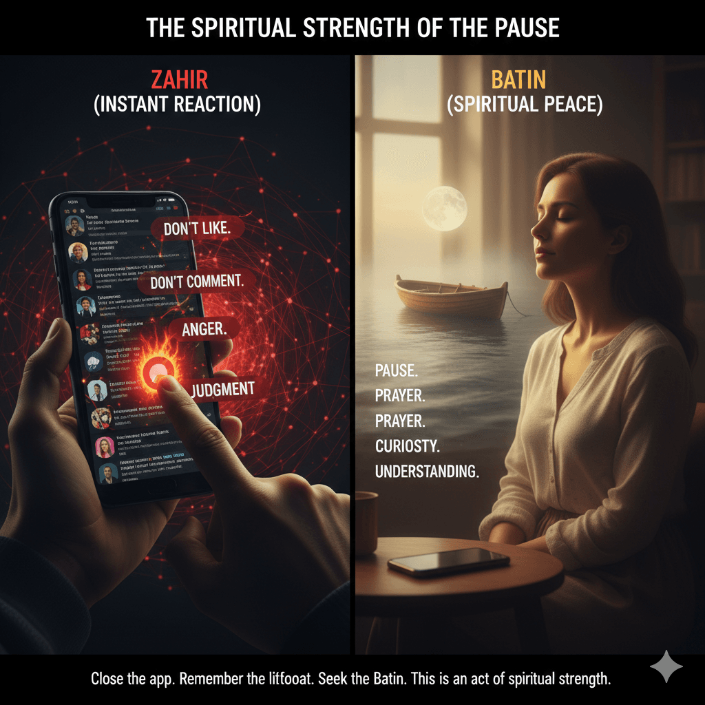 Challenge: Next time you see something online that makes you instantly angry or judgmental, stop. Don't like, don't comment. Just close the app for a minute. Remember the lifeboat. Ask Allah to help you see the Batin, the unseen reality. That moment of pause is an act of spiritual strength.