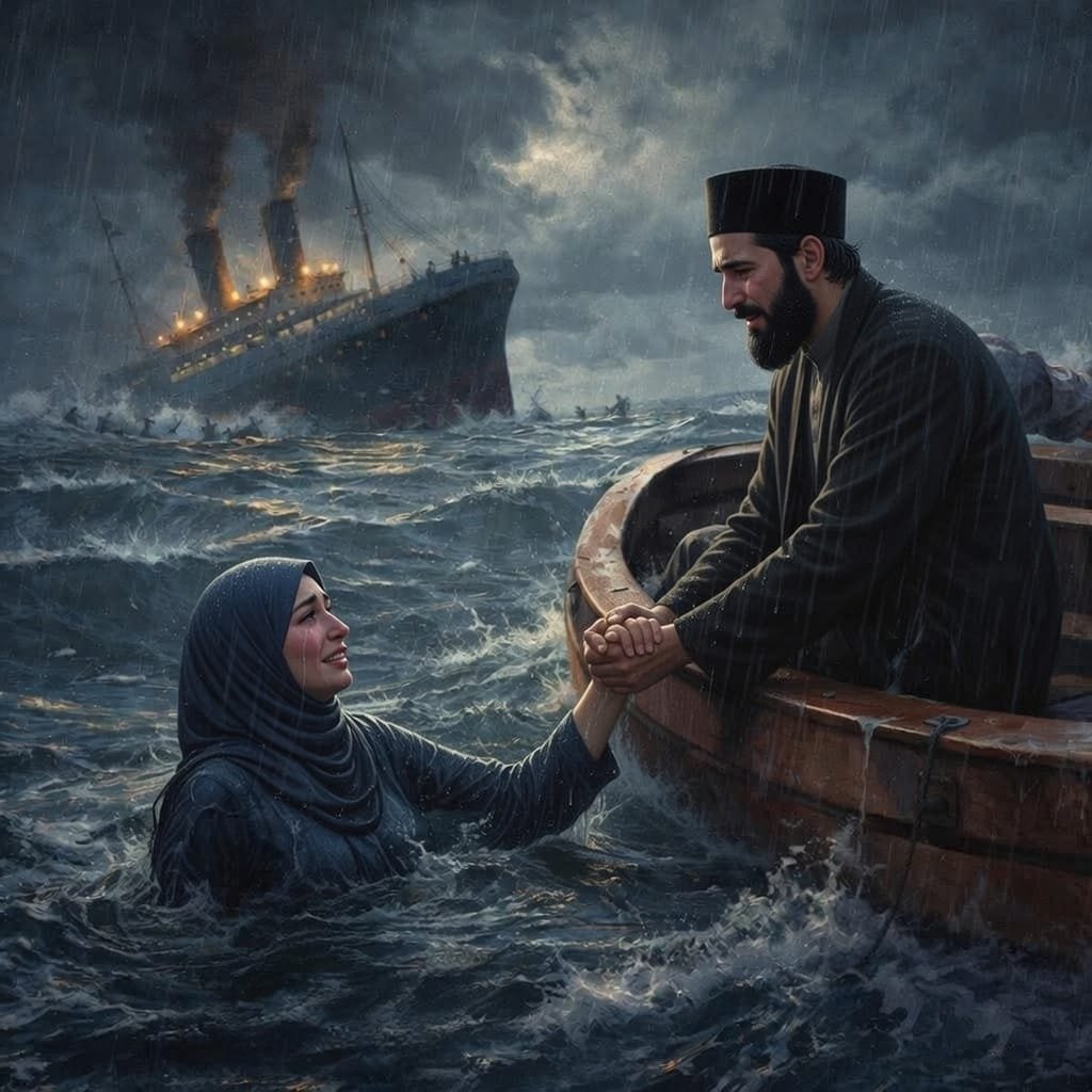 He painted the scene with quiet words: the screaming, the tilting deck, the unforgiving sea. “But there is a problem. One seat. Only one. The boat is almost full. In that final, terrible moment, the husband uses his last strength to heave himself into the spot. The wife is left in the water, her frozen fingers slipping from the wood.