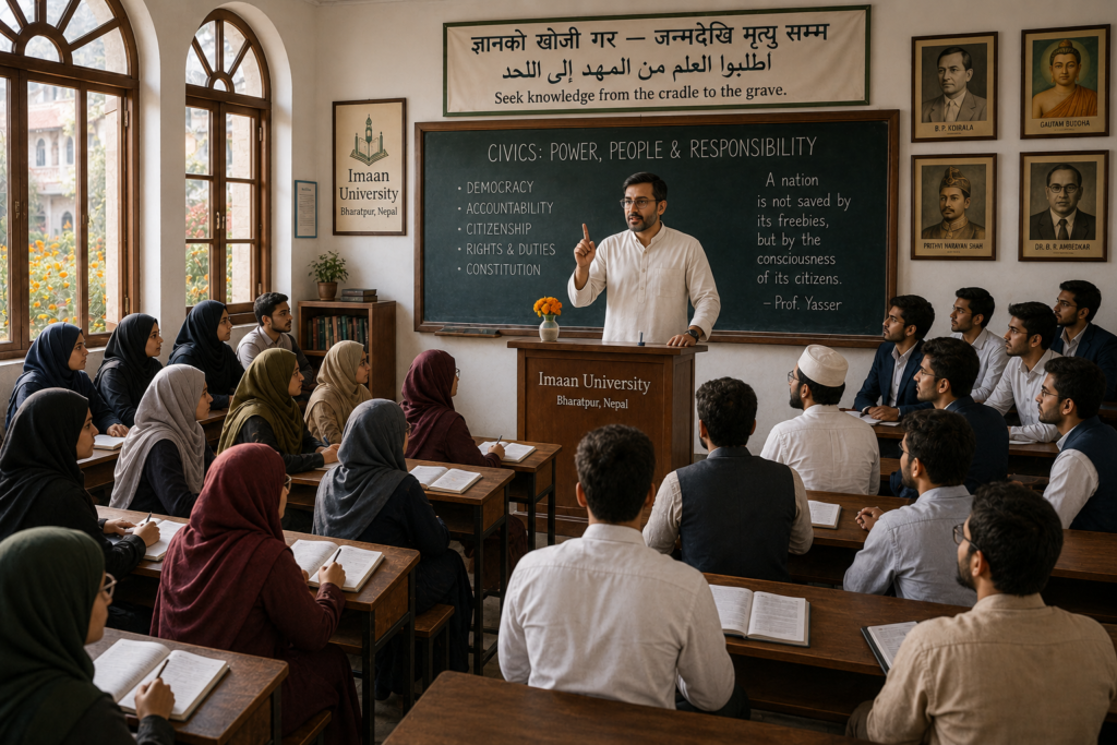 The Setting: A Crucible of Young Minds
The morning sun cast golden shafts through the arched windows of Imaan University in Bharatpur, Nepal—an ancient crossroads of Vedic and Islamic scholarship. Inside the history faculty’s packed lecture hall, students sat cross-legged between rows and crowded the doorways. Word had spread: Professor Yasser was lecturing on Civics today, and his timing could not be more potent. Only months earlier, the nation had witnessed massive youth protests that shook the corridors of power.The hall was unpretentious—whitewashed walls, portraits of Nepal’s constitution-makers, tall windows admitting the scent of marigolds. Above the blackboard, a hand-painted banner read in Nepali and Arabic: “Seek knowledge from the cradle to the grave.”Professor Yasser entered with quiet authority. His salt-and-pepper beard was neatly trimmed, his kurta crisp, his eyes behind wire-rimmed glasses holding the glint of someone about to set fire to comfortable assumptions. Of Indian origin and a historian by training, his real subject was the human mind under political manipulation.“Assalamu’alaikum warahmatullahi wabarakatuh,” his voice resonated through the hall.“Wa’alaikumussalam warahmatullahi wabarakatuh,” the students roared back. They were ready for the mental gymnasium—rational thinking, hard facts, logic, truth.