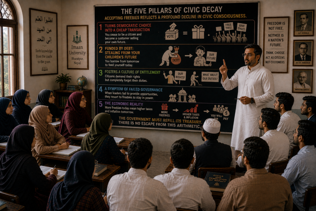 The Five Pillars of Civic Decay
He held up a finger, signaling there was more to consider from the text. “Accepting freebies reflects a profound decline in civic consciousness, and the textbook outlines five critical reasons why.“First, it turns democratic choice into a cheap transaction—you cease to be a citizen and become a customer selling your own future.”“Second, because these schemes are often funded by debt, you are effectively stealing from your children’s future to feed yourself today.”“Third, it fosters a culture of entitlement, where citizens demand their rights while completely forgetting their duties.”“Fourth,” he continued, “it is a glaring symptom of failed governance.”“And fifth—the simple reality of economics: more freebies today inevitably mean higher taxes and inflation tomorrow. The government must eventually refill its treasury, and you will be the one to pay. There is no escape from this arithmetic.”