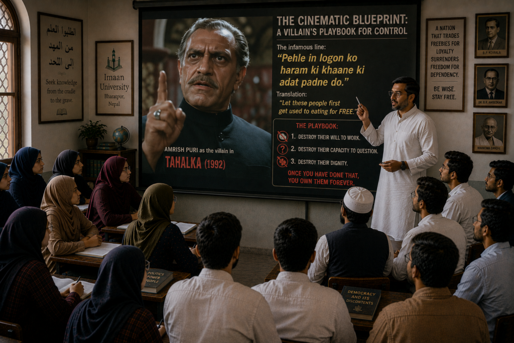 The Cinematic Blueprint: A Villain’s Playbook for Control
Professor Yasser turned toward the projector. “Let me show you a piece of cinema that foresaw this tragedy decades ago.”A clip from the 1992 film Tahalka flickered onto the screen. The legendary Amrish Puri appeared, his voice booming as he delivered an infamous line: “Pehle in logon ko haram ki khaane ki aadat padne do.”Professor Yasser paused the video, the villain’s face frozen on the screen. “The translation is simple: ‘Let these people first get used to eating for FREE.’“That is the playbook,” the Professor said, his voice dropping to a whisper. “Destroy their will to work. Destroy their capacity to question. Destroy their dignity. Once you have done that, you own them forever.