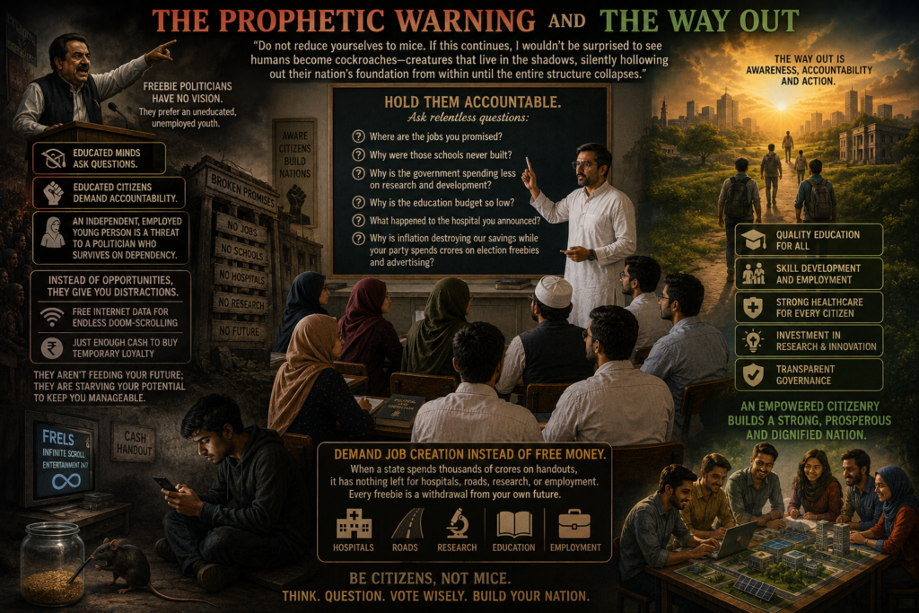 The Prophetic Warning and The Way Out
“This is why these ‘freebie’ politicians have no real vision,” he continued, pacing the front of the room. “They actually prefer a youth that is uneducated and unemployed. Why? Because educated minds ask questions. Educated citizens demand accountability. An independent, employed young person is a direct threat to a politician who survives on the oxygen of dependency.”“So, instead of opportunities, they give you distractions,” Professor Yasser said. “They keep the youth entertained with free internet data for endless doom-scrolling and just enough cash to buy temporary loyalty. They aren’t feeding your future; they are starving your potential to keep you manageable.”A student’s voice cut through the silence, sharp and almost alarmed. “What is the way out of this rotten state, Professor?”Professor Yasser did not hesitate. “Hold them accountable. Ask relentless questions: Where are the jobs you promised? Why were those schools never built? Why is the government spending less on research and development? Why is the education budget so low? What happened to the hospital you announced? Why is inflation destroying our savings while your party spends crores on election freebies and advertising?”“Demand job creation instead of free money,” Professor Yasser urged. “When a state spends thousands of crores on handouts, it has nothing left for hospitals, roads, research, or employment. Every freebie is a withdrawal from your own future.“Do not reduce yourselves to mice,” he concluded, his voice echoing in the quiet hall. “If this continues, I wouldn’t be surprised to see humans become cockroaches—creatures that live in the shadows, silently hollowing out their nation’s foundation from within until the entire structure collapses.”