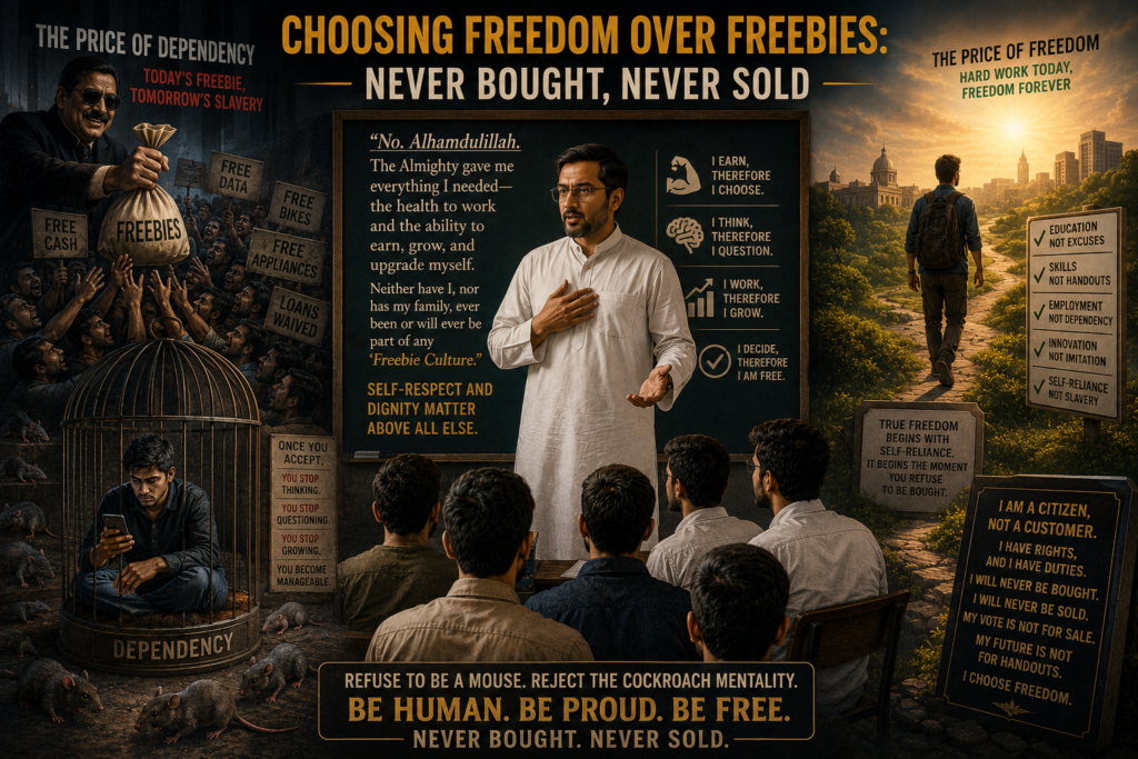 Choosing Freedom Over Freebies: Never Bought, Never Sold
Ibrahim leaned in, his voice dropping to a hesitant whisper. “Have you ever taken them, though? The freebies? I mean… free is a pretty good price.”Professor Yasser straightened, his posture radiating a quiet, unshakeable pride. “No. Alhamdulillah. The Almighty gave me everything I needed—the health to work and the ability to earn, grow, and upgrade myself. Neither have I, nor has my family, ever been or will ever be part of any ‘Freebie Culture.”“Self-respect and dignity matter above all else,” he continued. “I refuse to be transformed from a human to a mouse, and certainly not into a cockroach. True freedom begins with self-reliance. It begins the moment you refuse to be bought.”