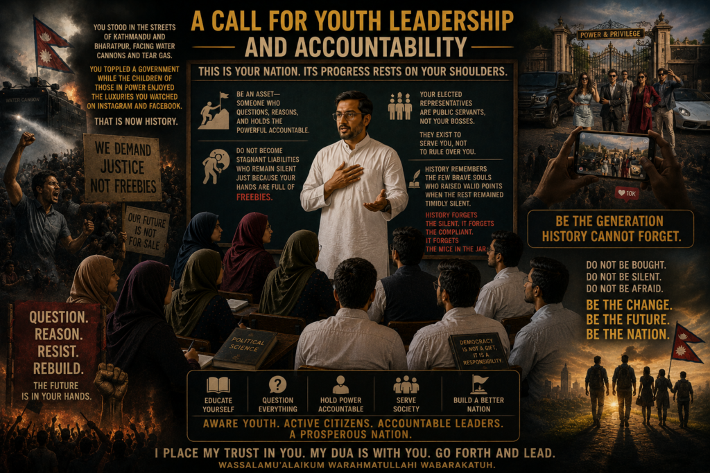 A Call for Youth Leadership and Accountability
He stepped closer to the front row, his voice carrying the full weight of the moment.“Dear young students,” he began, his gaze sweeping across the room. “You have just emerged from a historic protest. You stood in the streets of Kathmandu and Bharatpur, facing water cannons and tear gas. You toppled a government while the children of those in power enjoyed the luxuries you watched on Instagram and Facebook. That is now history.“But remember: This is YOUR nation. Its progress rests on your shoulders. Do not let it down. Be an asset—someone who questions, reasons, and holds the powerful accountable. Do not become stagnant liabilities who remain silent just because your hands are full of freebies.“Your elected representatives are public servants, not your bosses,” he said, his voice sharpening. “They exist to serve you, not to rule over you. Never forget that.”“History remembers the few brave souls who raised valid points when the rest remained timidly silent,” he continued, his voice softening into something both fierce and tender. “History forgets the silent. It forgets the compliant. It forgets the mice in the jar.”“Be the generation history cannot forget.”He placed his hand over his heart in a final gesture of respect.“Wassalamu’alaikum warahmatullahi wabarakatuh.”Outside the arched windows, the Himalayan sky was turning gold. The marigolds swayed in the breeze. The muezzin began the call for Asr prayer over the ancient city. And the students rose—not with the shuffle of relief, but with the deliberate movement of people who had just received a charge.A nation, after all, is not just a jar. It is also the hands that choose whether to stay trapped inside—or to climb out.