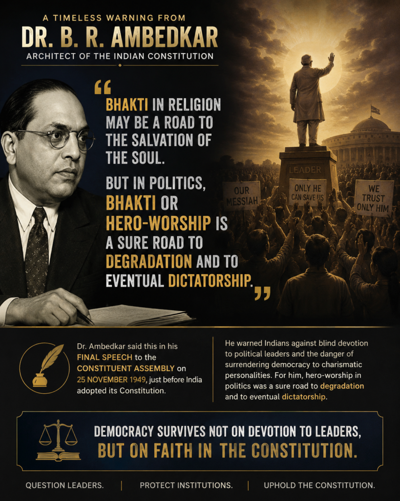 Dr. Ambedkar used these words to warn the nation about the dangers of blind loyalty. In religion: He said Bhakti (devotion) can be a path to save the soul. In politics: He warned that treating politicians like gods destroys democracy. When people stop questioning their leaders, power concentrates in a few hands, leading straight to a dictatorship.