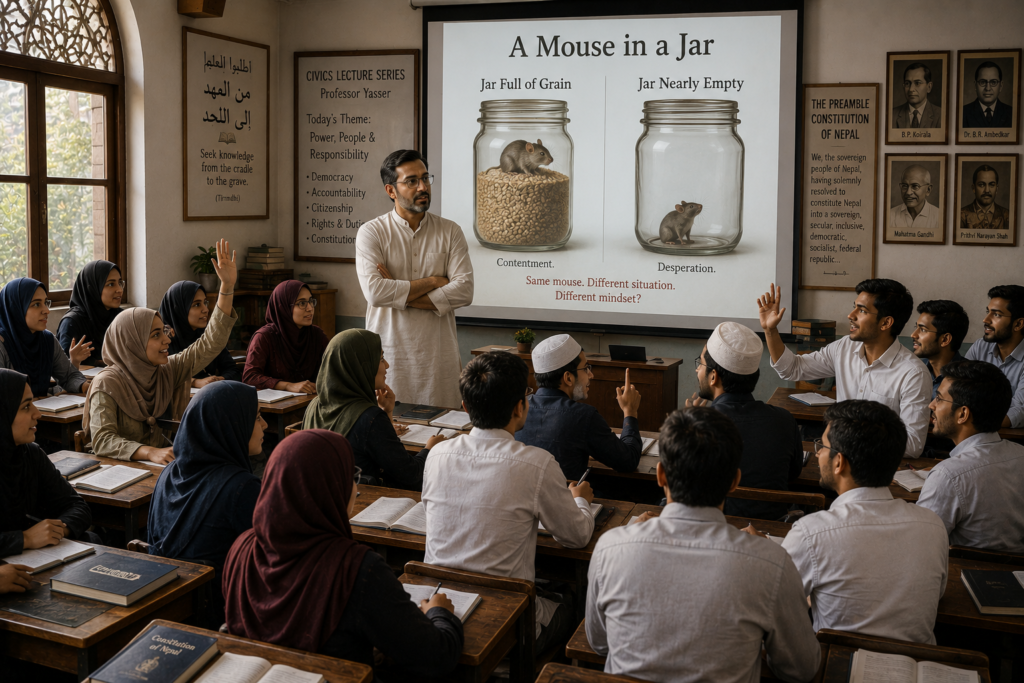 The Provocation: A Mouse in a Jar
Professor Yasser opened the projector. Onto the screen flickered an image with its title: A Mouse in a Jar. The first jar brimmed with grain, a plump mouse sitting contentedly at the top. The second jar was nearly empty, the same mouse trapped at the bottom, gazing up desperately.“Read the title. Look at the picture. Tell me what you see.”Zahira raised her hand. “A lucky mouse enjoying himself because the jar is filled with grains.”Sadiqa’s hand shot up. “A mouse living his dream life.”The class erupted into laughter.“And the second jar?” Professor Yasser asked, his tone shifting.Yahya spoke hesitantly. “A half-empty jar… hoping the Almighty fills it miraculously.”Nomaan jumped in. “Why panic? Whatever happens, happens for a reason. Instead, why not be optimistic and say that the jar is half-full?”Maqsood turned, unimpressed. “Be serious. Wishful thinking doesn’t work all the time.”“Let’s ask the Professor,” said Sumaiya, cutting through the brewing argument.Professor Yasser folded his arms. “Here is what I see.”