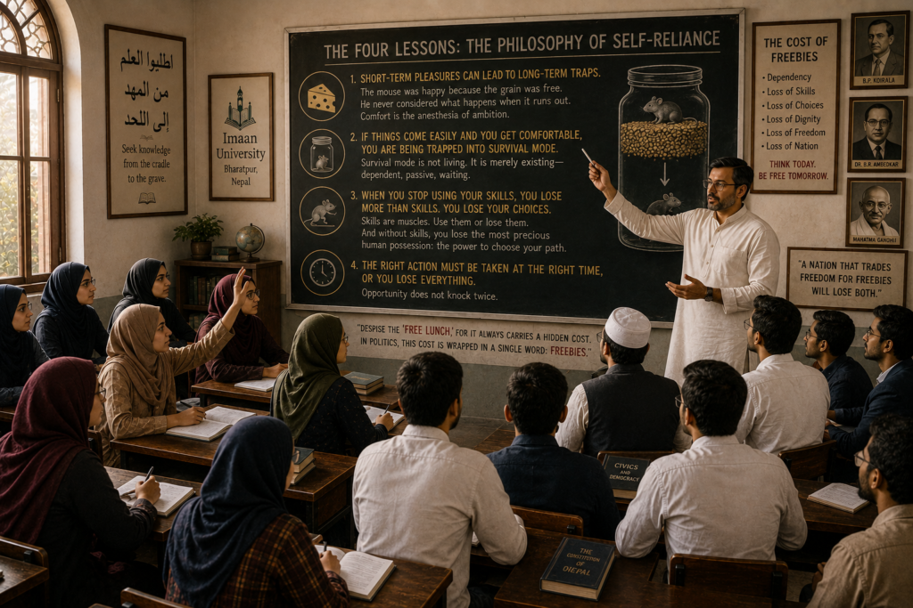 The Four Lessons: The Philosophy of Self-Reliance
He moved to the blackboard, chalk clicking sharply, while Abdullaah and the rest of the class paid full attention to the lesson.“Lesson One: Short-term pleasures can lead to long-term traps.” The mouse was happy because the grain was free. He never considered what happens when it runs out. Comfort is the anesthesia of ambition.“Lesson Two: If things come easily and you get comfortable, you are being trapped into survival mode.” Survival mode is not living. It is merely existing—dependent, passive, waiting.“Lesson Three: When you stop using your skills, you lose more than skills. You lose your CHOICES.” The mouse had legs. He could run, climb, search. But those abilities atrophied. Skills are muscles. Use them or lose them. And without skills, you lose the most precious human possession: the power to choose your path.“Lesson Four: The right action must be taken at the right time, or you lose everything.” The mouse should have eaten some grain and climbed out while the jar was full enough to give him a platform. He waited. The grain didn’t last. Opportunity does not knock twice.He set down the chalk. “Nothing comes easily in life. If it comes easily, perhaps it is not worth having. Think deeply about these four points.”Sayyeda raised her hand. “So the mouse is the common man. The full jar is our nation. The grain is our treasury. And the outcome is citizens who are unskilled and handicapped—mentally and physically.”“Exactly, Sayyeda. That is the whole point.”“Nice one, Professor. Absolutely right!” said Iqbal.Professor Yasser leaned forward. “Our study of Free and Fair Elections begins with a warning: despise the ‘free lunch,’ for it always carries a hidden cost. In the political arena, this cost is wrapped in a single word: Freebies. It is essential to see how these empty promises degrade the very fabric of our society.”