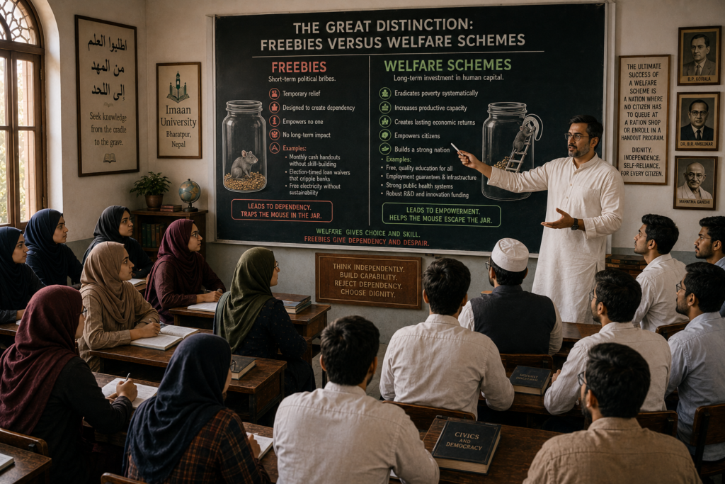The Great Distinction: Freebies Versus Welfare Schemes
Zubair spoke up. “But Professor, welfare schemes are intended to support the public, much like freebies. Where do we draw the line between the two?”“Magnificent question—absolutely critical.” He drew a sharp line down the center of the board, labeling the left side FREEBIES and the right WELFARE SCHEMES.“Freebies,” Professor Yasser began, “are short-term political bribes. They offer temporary relief but are deliberately designed to create dependency. They empower no one—not women, not farmers, and certainly not the youth, especially unemployed youth. Think of monthly cash handouts that lack skill-building, or election-timed loan waivers that cripple our banking systems, and free electricity offered without a sustainability plan.”He tapped the right side of the board. “Welfare Schemes, however, are long-term investments in human capital. Their goal is to systematically eradicate poverty by increasing our productive capacity and creating lasting economic returns. We see this in free, quality education for all, employment guarantees that build vital infrastructure, functioning public health systems, and robust funding for research and development.”He turned to the class. “This mirrors the mouse’s fate perfectly. Welfare leads to escaping the jar—it gives choice and skill. Freebies lead to total reliance on whoever drops the next grain—it creates dependency.”“The ultimate success of a welfare scheme is a heartening scenario: a nation where no citizen has to queue at a ration shop or enroll in a handout program. Consider the upper class—they don’t wait in lines because they already possess total security in education, employment, and finance. That level of dignity and independence should be the goal for every single citizen.”