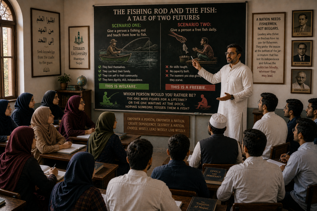 The Fishing Rod and the Fish: A Tale of Two Futures
Jamaal raised his hand. “But Professor, what’s wrong if a housewife receives 3,000 rupees monthly? The public’s taxes are going back to the public.”Professor Yasser fixed him with a patient gaze. “Jamaal, you are still confusing welfare with freebies. Let me make it crystal clear.”He held up two fingers. “Scenario One: Give a person a fishing rod and teach them how to fish. They feed themselves, their family, perhaps sell to their community. They have dignity, skill, independence. This is welfare.”He folded one finger down. “Scenario Two: Give a person a free fish daily. No skills taught. No capacity built. The moment you stop giving, they starve. This is a freebie.”“Which person would you rather be? The one who fishes for a lifetime? Or the one waiting at the dock, hoping someone tosses them a fish?”Jamaal nodded slowly. “The one with the fishing rod.”“Precisely. Does a thriving nation require skilled fishermen or people who simply wait for a fish to be dropped in their laps? Leaders who thrive on freebies have no use for fishermen. They prefer the mouse at the bottom of the jar: a creature that has lost its independence and follows the politician blindly, wherever they may lead.”