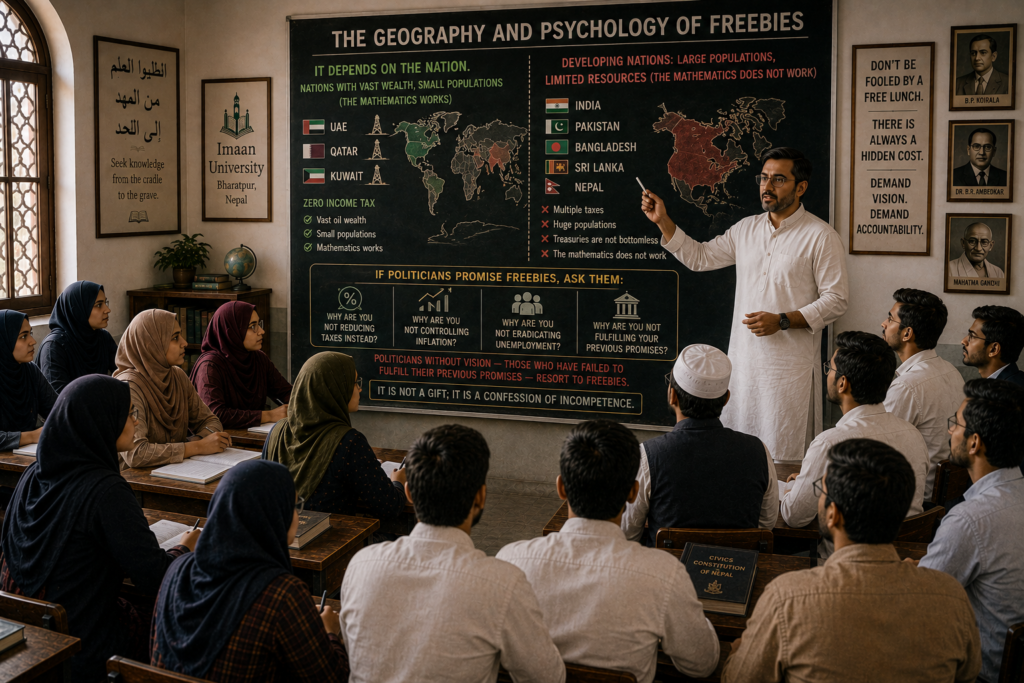 The Geography and Psychology of Freebies
Saniya asked, “Is this trend equally harmful to all countries?”“It depends on the nation,” Professor Yasser replied. “Nations like the UAE, Qatar, and Kuwait impose zero income tax because they have vast oil wealth and small populations. For them, the mathematics works. But developing nations like India, Pakistan, Bangladesh, Sri Lanka, and our own Nepal? We collect multiple taxes, yet our treasuries are not bottomless, and our populations are enormous. For us, the mathematics simply does not work.”He leaned forward, his gaze intense. “If politicians promise freebies, ask them this: Why are you not reducing taxes instead? Why are you not controlling inflation? Why are you not eradicating unemployment? Politicians without vision—those who have failed to fulfill their previous promises—resort to freebies. It is not a gift; it is a confession of incompetence.”