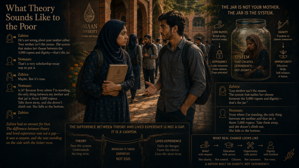 What Theory Sounds Like to the Poor"He's not wrong about your mother either," Zahira said carefully. "Your mother isn't the mouse. The system that makes her choose between the 3,000 rupees and dignity—that's the jar."Nomaan stared at her. "That's a very scholarship-essay way to put it.""Maybe. But it's true.""Is it? Because from where I'm standing, the only thing between my mother and that jar is those 3,000 rupees. Take them away, and she doesn't climb out. She falls to the bottom."Zahira had no answer for that. The difference between theory and lived experience was not a gap—it was a canyon, and she was standing on the side with the better view.