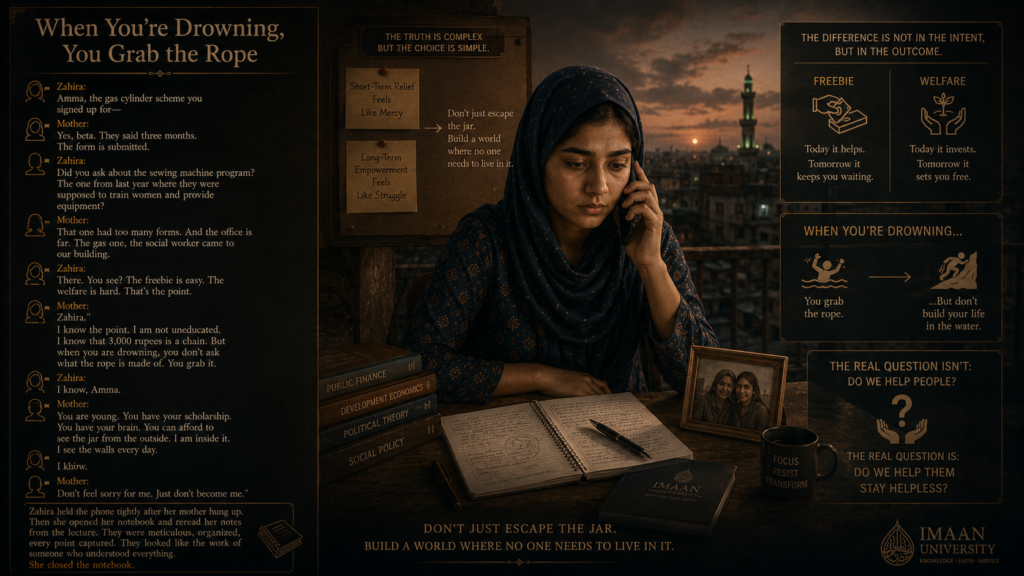 “When You’re Drowning, You Grab the Rope”That evening, she called her mother."Amma, the gas cylinder scheme you signed up for—""Yes, beta. They said three months. The form is submitted.""Did you ask about the sewing machine program? The one from last year where they were supposed to train women and provide equipment?"A pause. "That one had too many forms. And the office is far. The gas one, the social worker came to our building.""There. You see? The freebie is easy. The welfare is hard. That's the point."Another pause. Longer this time."Zahira." Her mother's voice was tired but not unkind. "I know the point. I am not uneducated. I know that 3,000 rupees is a chain. But when you are drowning, you don't ask what the rope is made of. You grab it."