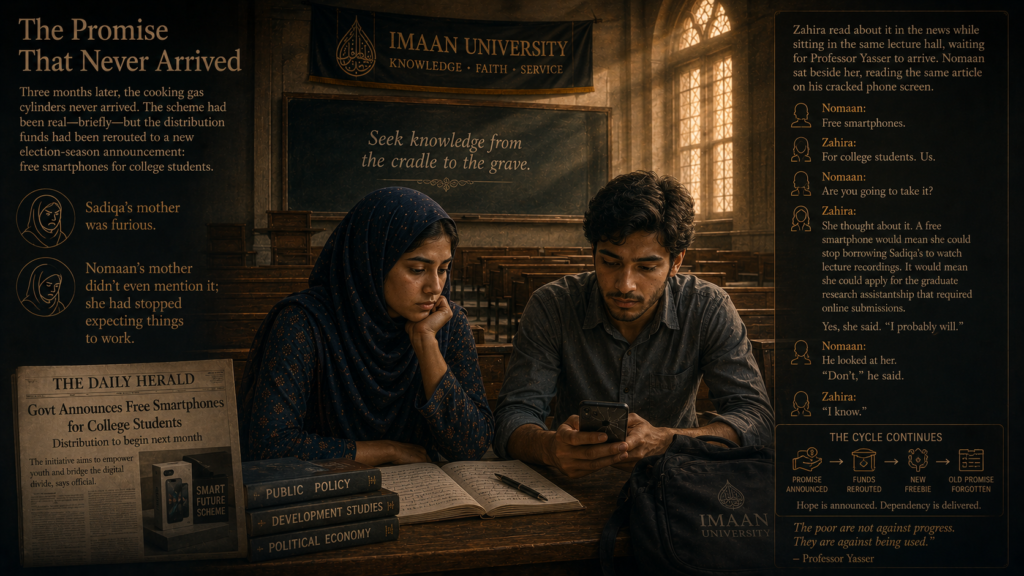 The Promise That Never ArrivedThree months later, the cooking gas cylinders never arrived. The scheme had been real—briefly—but the distribution funds had been rerouted to a new election-season announcement: free smartphones for college students. Sadiqa's mother was furious. Nomaan's mother didn't even mention it; she had stopped expecting things to work.Zahira read about it in the news while sitting in the same lecture hall, waiting for Professor Yasser to arrive. Nomaan sat beside her, reading the same article on his cracked phone screen."Free smartphones," he said flatly."For college students. Us.""Are you going to take it?"