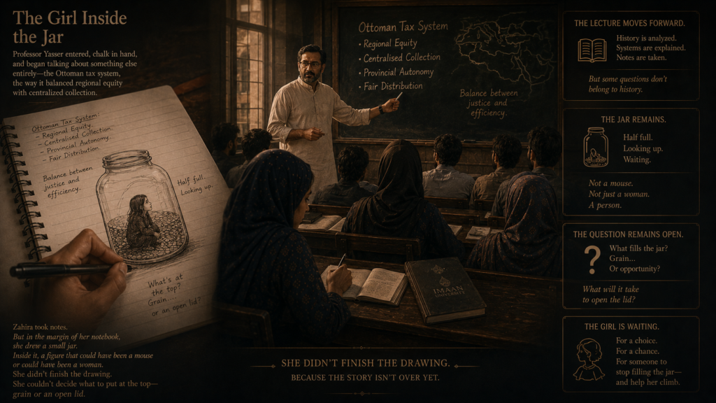 The Girl Inside the JarProfessor Yasser entered, chalk in hand, and began talking about something else entirely—the Ottoman tax system, the way it balanced regional equity with centralized collection. Zahira took notes. But in the margin of her notebook, she drew a small jar. Inside it, a figure that could have been a mouse or could have been a woman. The jar was half full. The figure was looking up.She didn't finish the drawing. She couldn't decide what to put at the top—grain or an open lid.