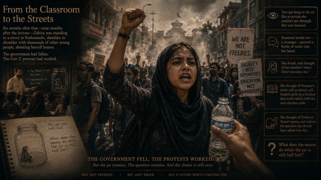 From the Classroom to the StreetsSix months after that—nine months after the lecture—Zahira was standing in a street in Kathmandu, shoulder to shoulder with thousands of other young people, shouting herself hoarse. The government had fallen. The Gen Z protests had worked.