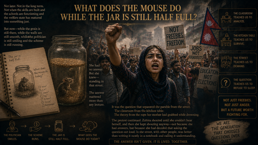 What Does the Mouse Do While the Jar Is Still Half Full?Not later. Not in the long term. Not when the skills are built and the schools are functioning and the welfare state has matured into something just. But now—while the grain is still there, while the walls are still smooth, while the politician is still smiling and the scheme is still running.
