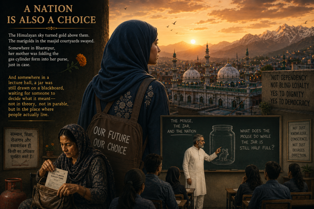 A Nation Is Also a Choice The Himalayan sky turned gold above them. The marigolds in the masjid courtyards swayed. Somewhere in Bharatpur, her mother was folding the gas cylinder form into her purse, just in case. And somewhere in a lecture hall, a jar was still drawn on a blackboard, waiting for someone to decide what it meant—not in theory, not in parable, but in the place where people actually live.
