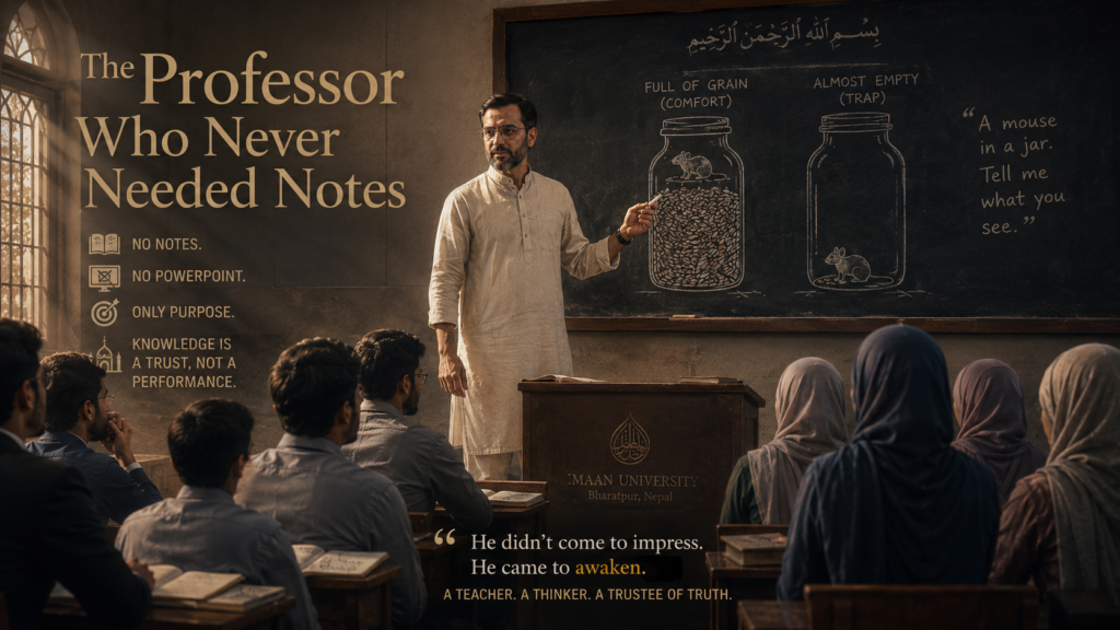 The Professor Who Never Needed NotesProfessor Yasser entered at exactly nine o'clock. Kurta crisp, beard trimmed, wire-rimmed glasses catching the light from the tall windows. He carried nothing but a single piece of chalk. Zahira had noticed this about him before—he never brought notes, never used the projector unless something visual was unavoidable. He treated the blackboard like a canvas he wasn't sure he deserved."Assalamu'alaikum warahmatullahi wabarakatuh," he said.The response rolled back. Then silence.