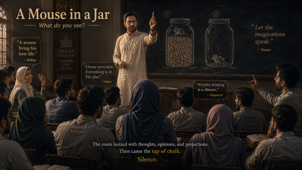 A Mouse in a JarSadiqa, who had materialized in the back row without Zahira noticing, called out: "A mouse living his best life."Laughter. Yasser smiled briefly."And the second?"Yahya, from the philosophy department, said something about divine provision. Maqsood, from the back, muttered that wishful thinking was a disease. The room started to buzz—everyone seeing something different, projecting something personal.Professor Yasser let it go on for a full minute. Then he raised the chalk and tapped it against the board. The sound was small, but the room quieted.