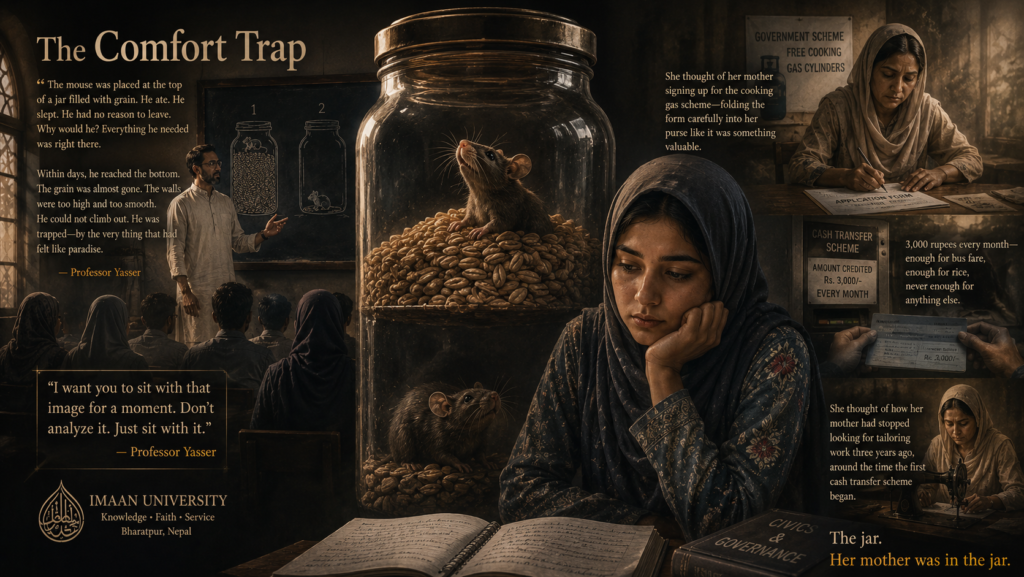 The Comfort Trap"The mouse was placed at the top of a jar filled with grain. He ate. He slept. He had no reason to leave. Why would he? Everything he needed was right there." Professor Yasser set the chalk down. "Within days, he reached the bottom. The grain was almost gone. The walls were too high and too smooth. He could not climb out. He was trapped—by the very thing that had felt like paradise."