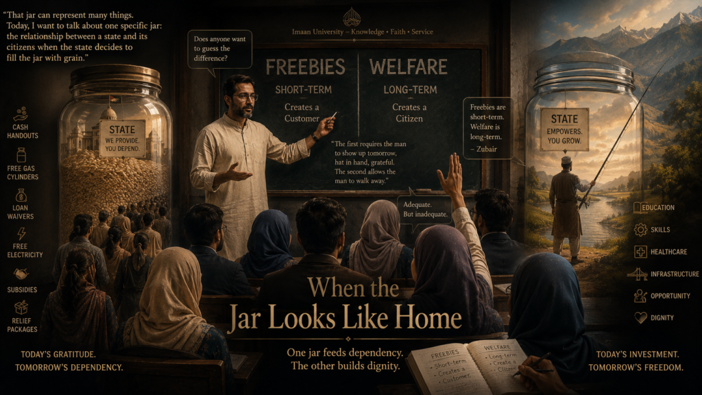 When the Jar Looks Like Home"The parable is not subtle," Professor Yasser continued. "That jar can represent many things. Today, I want to talk about one specific jar: the relationship between a state and its citizens when the state decides to fill the jar with grain."He wrote two words on the board: FREEBIES and WELFARE.