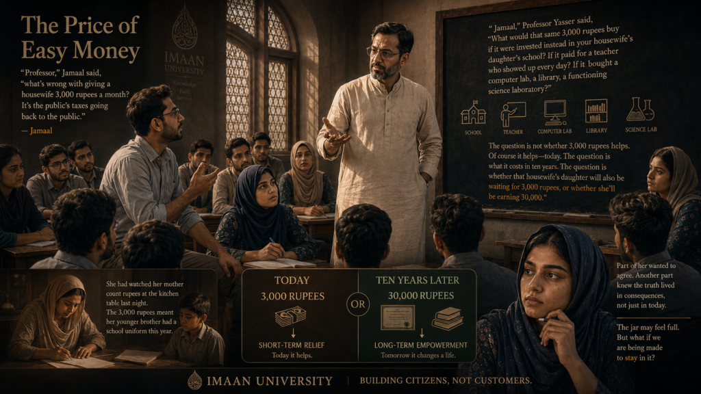 The Price of Easy Money"Professor," Jamaal said from the left side, "what's wrong with giving a housewife 3,000 rupees a month? It's the public's taxes going back to the public."Zahira's pen stopped. She looked at Jamaal—he was one of those students whose father owned a hardware store in Narayanghat. His arguments were always clean because he'd never had to live inside them."Jamaal," Professor Yasser said, and something in his tone made Zahira look up. It wasn't impatience. It was something more careful. "What would that same 3,000 rupees buy if it were invested instead in your housewife's daughter's school? If it paid for a teacher who showed up every day? If it bought a computer lab, a library, a functioning science laboratory?"