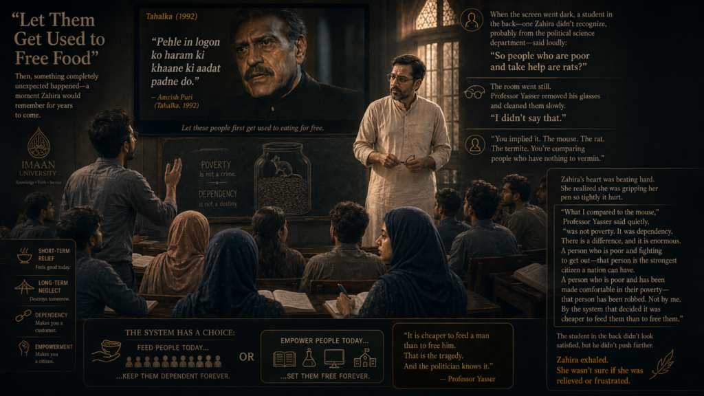 “Let Them Get Used to Free Food”Then, something completely unexpected happened—a moment Zahira would remember for years to come.Professor Yasser played a clip from an old Hindi film—Tahalka, 1992. Amrish Puri's voice filled the room: "Pehle in logon ko haram ki khaane ki aadat padne do." Let these people first get used to eating for free.