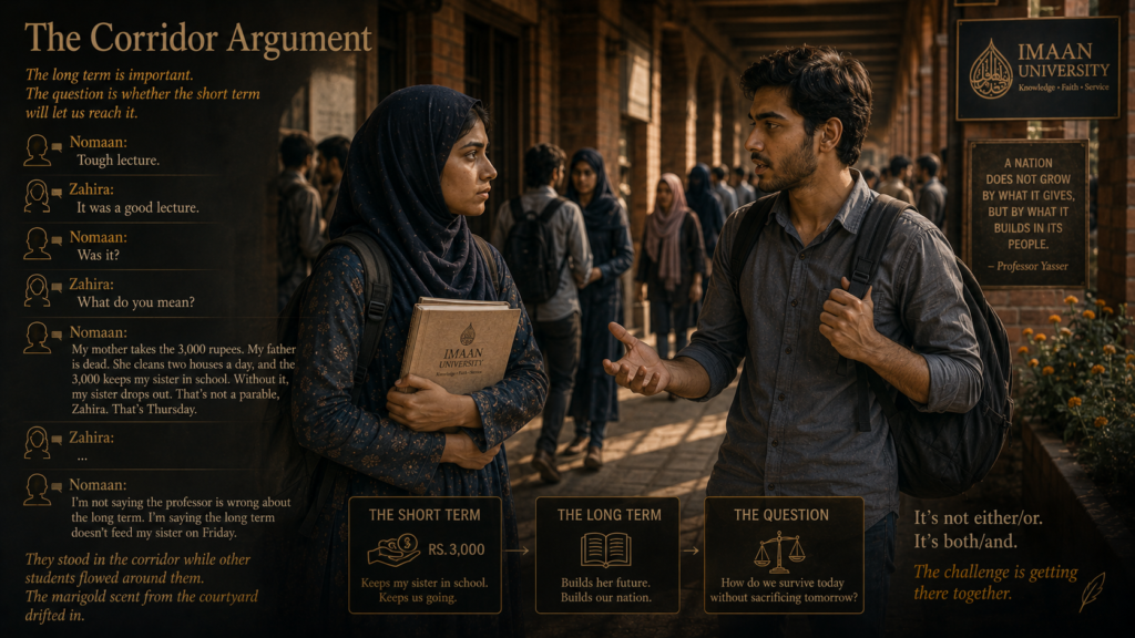 The Corridor ArgumentAfter the lecture, students milled in the corridor. Nomaan fell into step beside her."Tough lecture," he said."It was a good lecture.""Was it?"She stopped walking. "What do you mean?"