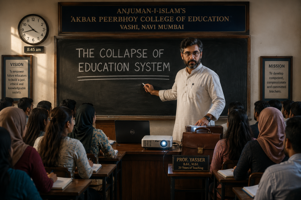 The clock on the wall of Anjuman-I-Islam’s Akbar Peerbhoy College of Education in Vashi showed exactly 8:45 am. The soft hum of the air conditioner mixed with the rustle of notebooks as 50 B.Ed students waited. The door swung open, and in walked Professor Yasser—a solid, 40-year-old figure with a salt-and-pepper beard, round spectacles, and eyes that carried the weight of two decades of teaching. In his right hand was a worn leather briefcase; in his left, a piece of chalk and a sleek portable projector. He moved with the deliberate calm of a man who knew that the future of the nation was sitting right in front of him. The students rose in unison. Their voices merged into a warm, respectful greeting: “As Salaamu Alaikum.” Professor Yasser’s face softened into a gentle smile. “Wa Alaikumus Salaam and Good Morning, everyone. Please be seated.” He placed the projector on the table, connected it to his laptop, and walked to the blackboard. The chalk squeaked as he wrote in bold, uncompromising letters: "THE COLLAPSE OF EDUCATION SYSTEM." He underlined it twice, the sound echoing like a warning bell in the silent room.