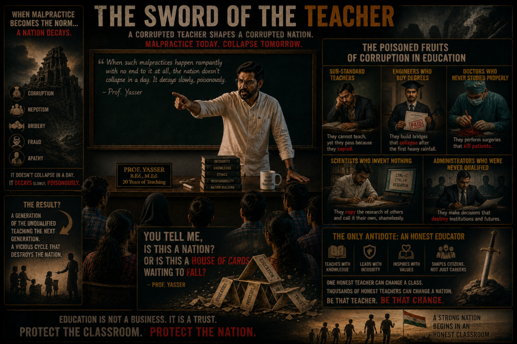 He returned to the center of the classroom, his voice rising with passion. “When such malpractices happen rampantly with no end to it at all, the nation doesn’t collapse in a day. It decays slowly, poisonously. We get sub-standard teachers who cannot teach, yet they pass because they copied. They go into schools and ruin the lives of thousands of students. We get engineers who buy their degrees—they build bridges that collapse after the first heavy rainfall. We get doctors who never studied properly—they perform surgeries that kill patients. We get scientists who invent nothing but copy the research of others and call it their own, shamelessly.” He slammed his chalk on the table. “You tell me, is this a nation? Or is this a house of cards waiting to fall?”