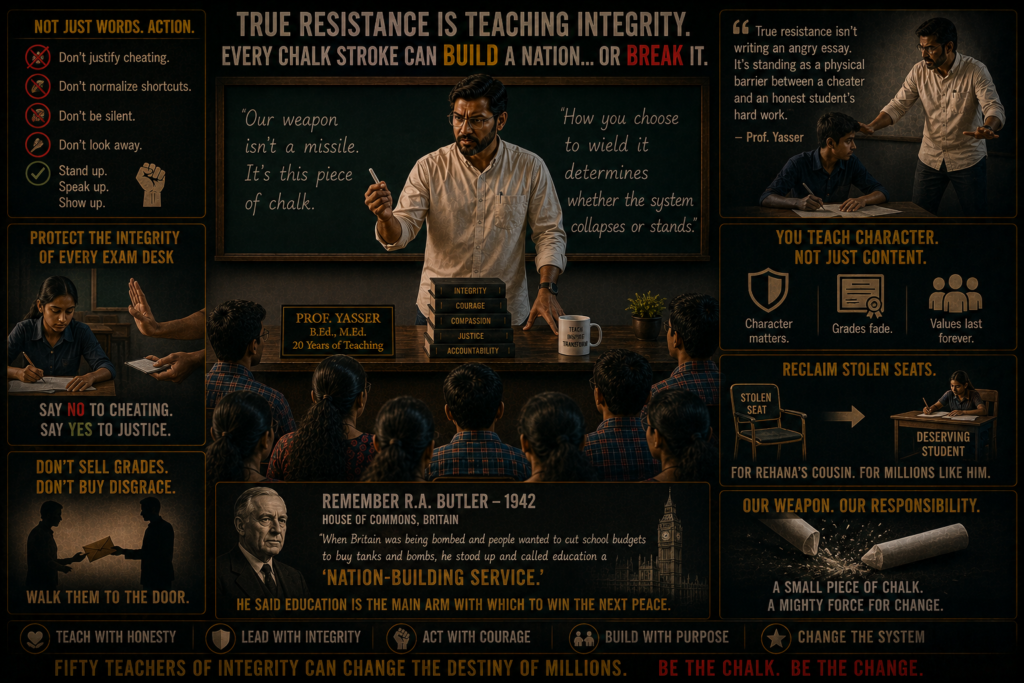 He tapped the chalk against his palm. "True resistance isn't writing an angry essay, Zainab; it's standing as a physical barrier between a cheater and an honest student's hard work. You teach your students that character matters infinitely more than a forged percentage on a sheet of paper. When a wealthy parent walks into your staffroom and hints at a 'donation' to alter a grade, you walk them to the door. Every time you protect the integrity of a single exam desk, you are actively dismantling a proxy syndicate. You are reclaiming a stolen seat for a student like Rehana's cousin." He paced down the center aisle, looking at the faces on either side. "Remember what R.A. Butler told the House of Commons in 1942, when Britain was being bombed during the Second World War and people wanted to cut school budgets to buy tanks and bombs? He stood up and called education a 'nation-building service.' He said education is the main arm with which to win the next peace. Our weapon isn't a missile, class. It’s this piece of chalk. And how you choose to wield it determines whether the system collapses or stands."