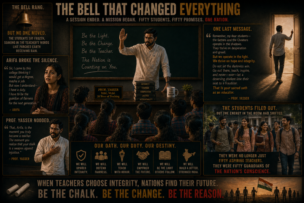 The college bell rang, signaling the end of the session. But no one moved. The students sat frozen, soaking in the teacher’s words like parched earth receiving rain. Arifa broke the silence. “Sir, I came to this college thinking I would get a degree, maybe a job. But now I understand—I have a duty. I have to be the guardian of fairness for the next generation.” Professor Yasser nodded, his eyes glistening. “That, Arifa, is the moment you truly became a teacher. The moment you realize that your chalk is a weapon against injustice.” As the students gathered their things, Professor Yasser called out one last time. “Remember, my dear students—the Setters and the Cheaters operate in the shadows. They thrive on desperation and greed. But we operate in the light. We thrive on hope and integrity. Do not let the darkness win. Go out there, teach, inspire, and never—ever—let a deserving student lose their seat to a fraudster. That is your sacred oath as an educator.” The students filed out, but the energy in the room had shifted. They were no longer just fifty aspiring teachers. They were fifty guardians of the nation’s conscience.