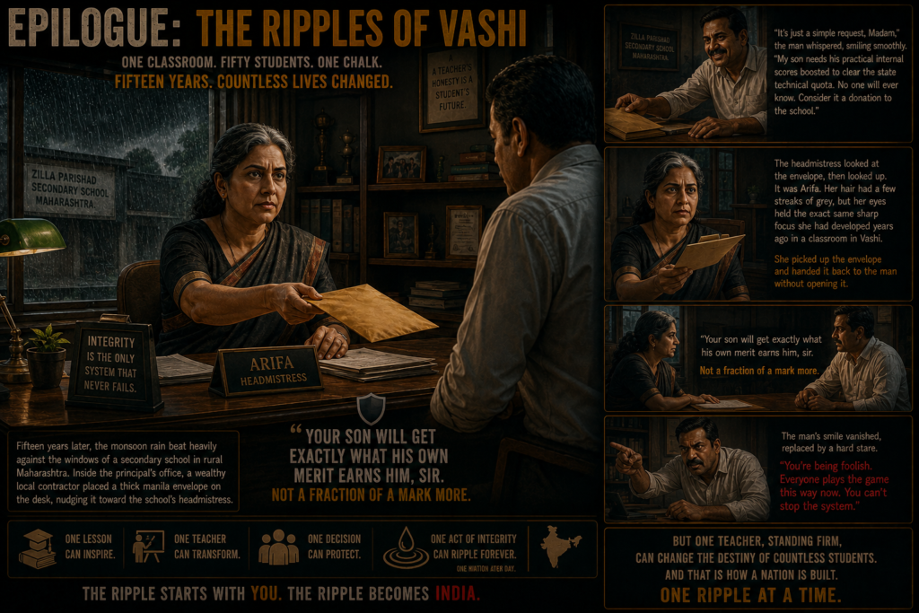 Fifteen years later, the monsoon rain beat heavily against the windows of a secondary school in rural Maharashtra. Inside the principal's office, a wealthy local contractor placed a thick manila envelope on the desk, nudging it toward the school's headmistress. "It’s just a simple request, Madam," the man whispered, smiling smoothly. "My son needs his practical internal scores boosted to clear the state technical quota. No one will ever know. Consider it a donation to the school." The headmistress looked at the envelope, then looked up. It was Arifa. Her hair had a few streaks of grey, but her eyes held the exact same sharp focus she had developed years ago in a classroom in Vashi. She picked up the envelope and handed it back to the man without opening it. "Your son will get exactly what his own merit earns him, sir. Not a fraction of a mark more." The man’s smile vanished, replaced by a hard stare. "You're being foolish. Everyone plays the game this way now. You can't stop the system."