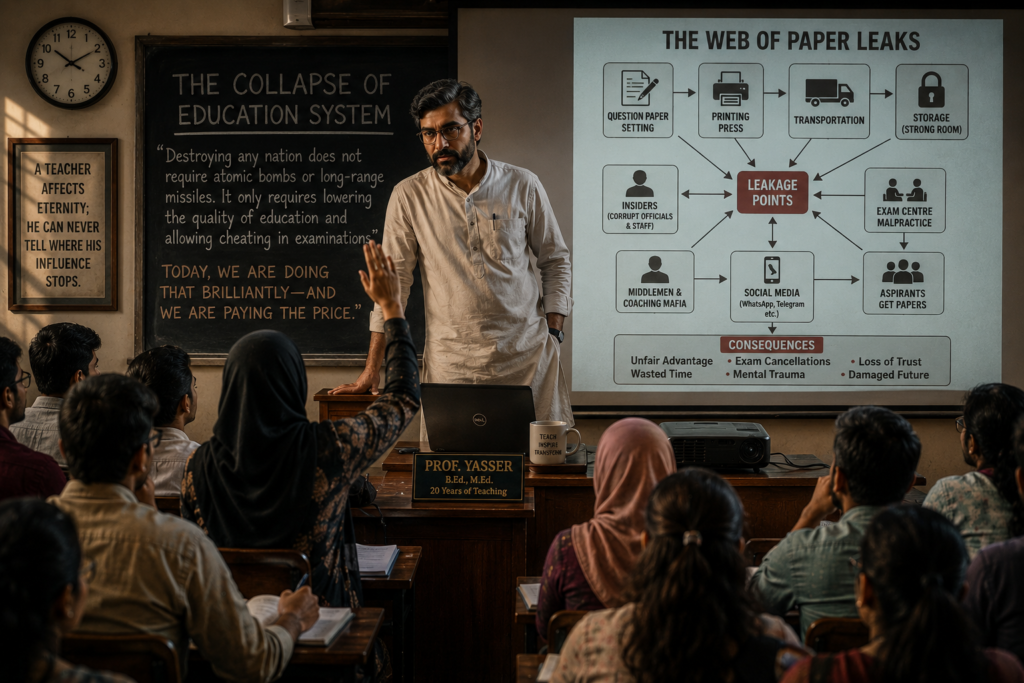 Turning to face his students, Professor Yasser leaned casually against his desk. “Dear students, you are here with a noble purpose—to become teachers, to impart knowledge, to nurture the best minds who will lead our great nation. But look around you. Our education system is gasping for air. Evil, organized forces are systematically dismantling it from within. I want you to look at the board, sit with this thought, and tell me—what are the roots of this collapse?” Arifa, a bright-eyed girl in the front row, raised her hand hesitantly. “Sir, is it about the paper leaks we keep reading about? Where question papers are sold like vegetables in a market?” “Excellent starting point, Arifa,” Professor Yasser nodded. “But that is merely the tip of the iceberg. Let me begin with a quote I recently read: ‘Destroying any nation does not require atomic bombs or long-range missiles. It only requires lowering the quality of education and allowing cheating in examinations.’ Today, we are doing that brilliantly—and we are paying the price.” He clicked the projector. The screen lit up with a flowchart showing the intricate web of paper leaks.