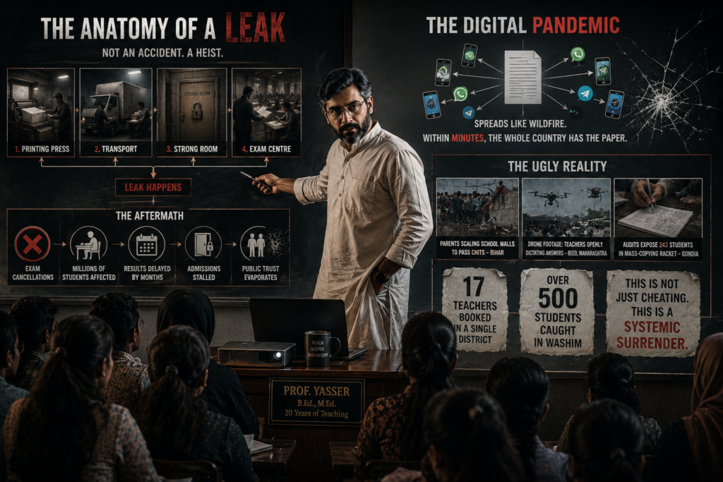 “Let us understand the mechanics,” he said, pacing slowly. “A paper leak is not an accident. It is a heist. It happens at the printing press, during transport to strongrooms, or right at the examination center when corrupt supervisors open sealed packets early.” Avanti, a sharp student sitting in the second row, interjected. “Sir, but in the digital age, it spreads like wildfire. WhatsApp, Telegram—within minutes, the whole country has the paper.” “Precisely, Avanti,” Professor Yasser nodded. “And when a leak is discovered, what happens? Exam cancellations. Millions of students forced to study all over again. Results delayed by months. Admissions stalled. And most tragically—public trust in the entire system evaporates into thin air.” He pulled up archival photographs on the screen—parents scaling school walls in Bihar to pass chits, drone footage from Maharashtra showing teachers openly dictating answers in Beed, and audits exposing 243 students caught in mass-copying rackets in Gondia. “Look at this,” he said, pointing at the images. “Teachers—the very custodians of integrity—openly dictating answers. Seventeen teachers booked in a single district. Over five hundred students caught in Washim. This is not just cheating. This is a systemic surrender.”