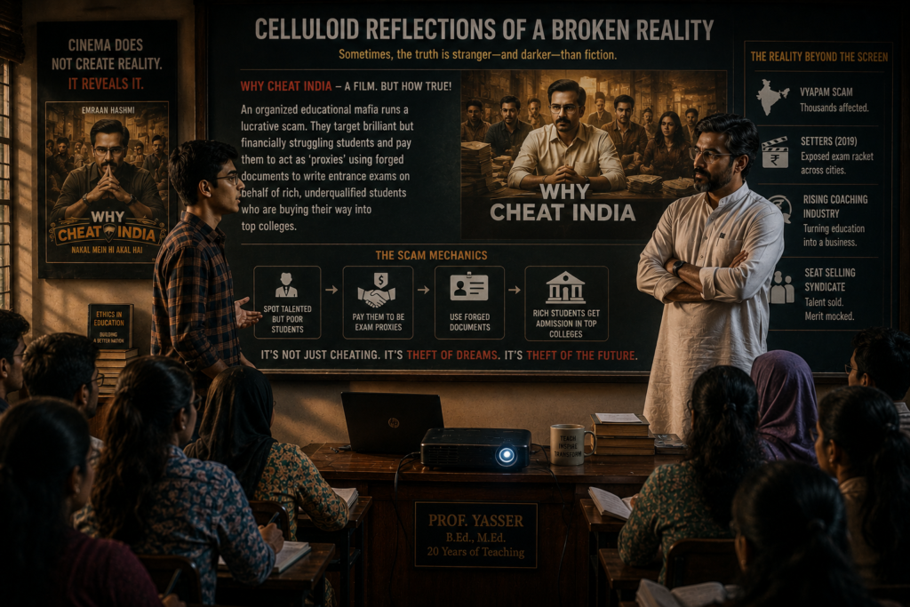 "It's like those movies, sir," muttered Rohit, looking at his notebook. "Have you seen Why Cheat India or Setters?" Professor Yasser smiled faintly. "Cinema often reflects our deepest societal rots, Rohit. Tell the class what you mean." Rohit stood up. "In Why Cheat India, we see an organized educational mafia running a lucrative scam. They target brilliant but financially struggling engineering or MBA students. They pay these bright minds to act as 'proxies,' using forged documents to write entrance exams on behalf of rich, underqualified students who are simply buying their way into top colleges. It’s a multi-million rupee seat-selling syndicate."