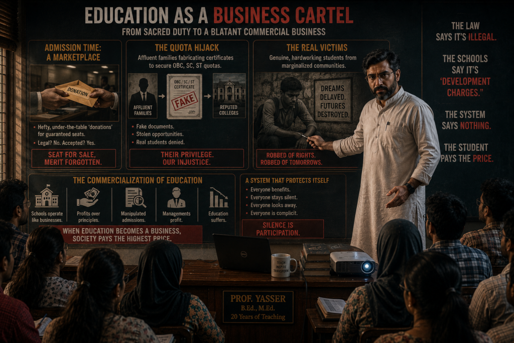 "But this corruption is not limited to high-profile paper leaks or cinematic proxy syndicates," Professor Yasser continued, his voice turning sharper as he moved away from the screen. "The rot runs directly into the everyday administration of our neighborhood schools. Education has transformed from a sacred duty into a blatant commercial business." He looked around the room, making eye contact with the future educators. "Look at what happens during admission time. It has become a marketplace where parents pay hefty, under-the-table 'donations' just to secure a seat for their son or daughter. The law says it's illegal. The schools say it's 'development charges.' And it gets worse. To guarantee entry into competitive streams in reputed colleges, affluent families are actively fabricating certificates to falsely prove they belong to the OBC, SC, or ST categories. They buy these documents to hijack quotas designed to level a historically brutal playing field, ultimately robbing a genuine, hardworking student from marginalized communities of their rightful place."