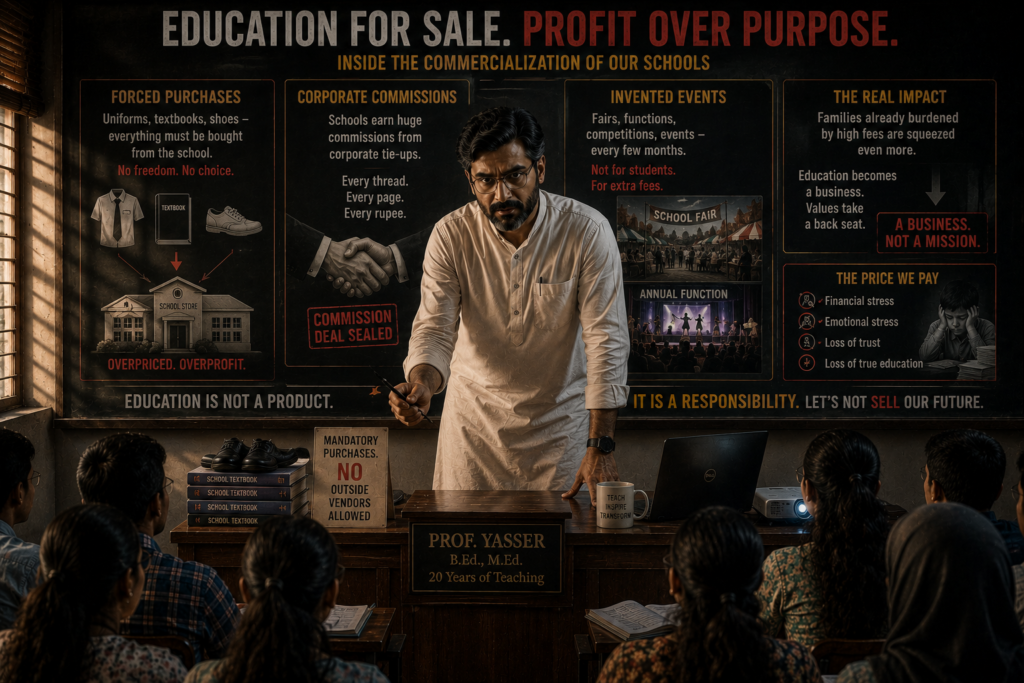 Professor Yasser slammed his hand lightly on his desk, the sound startling the front row. "Step inside these commercial schools, and you will see another dangerous phenomenon. Parents are legally mandated to purchase school uniforms, textbooks, and even shoes directly from the school itself. You are strictly forbidden from buying them from outside vendors. Why? Because the school management secures massive corporate commissions on every single thread and page. These items are sold at exorbitant, inflated prices to families already drowning under sky-high tuition fees. On top of that, these institutions constantly invent school fairs, functions, and mandatory events every few months, strictly to extract more cash from parents. In our nation, education has been transformed into a business." He paused, letting his breath steady as the heavy reality of his words settled over the classroom.