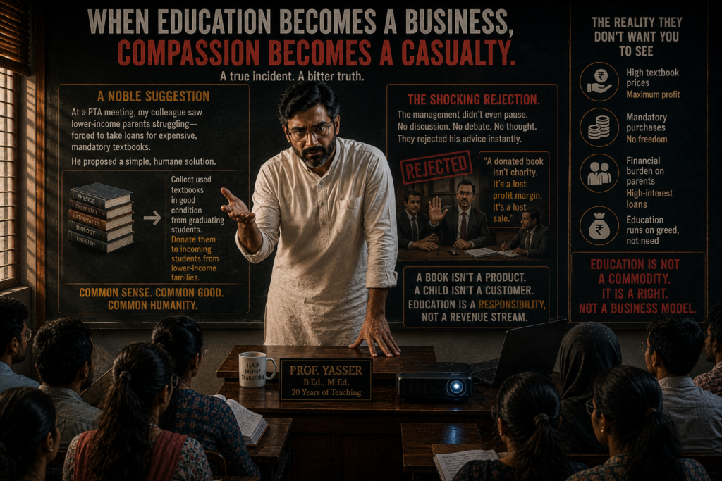 "To give you an idea of how ruthless this business model is," Professor Yasser continued, his voice dropping from anger to a quiet, profound disappointment, "a close colleague of mine recently attended a Parents-Teachers Association meeting at one of these prominent corporate-style schools. Seeing how lower-income parents were being pushed to the brink, forced to take out high-interest loans just to afford the mandatory annual textbook bundle, he stood up and made a noble, common-sense proposal. He suggested that the school collect used textbooks in good condition from graduating students each year and donate them directly to the incoming children from lower-income backgrounds." Professor Yasser let out a bitter, hollow laugh. "Do you know what the school management did? They rejected his advice instantly, without a single second of open discussion, debate, or thought. To them, a donated book isn't an act of charity or social relief; it's a lost profit margin on a new sale. So, yes, look at it clearly—education has become nothing more than a commercial business nowadays."