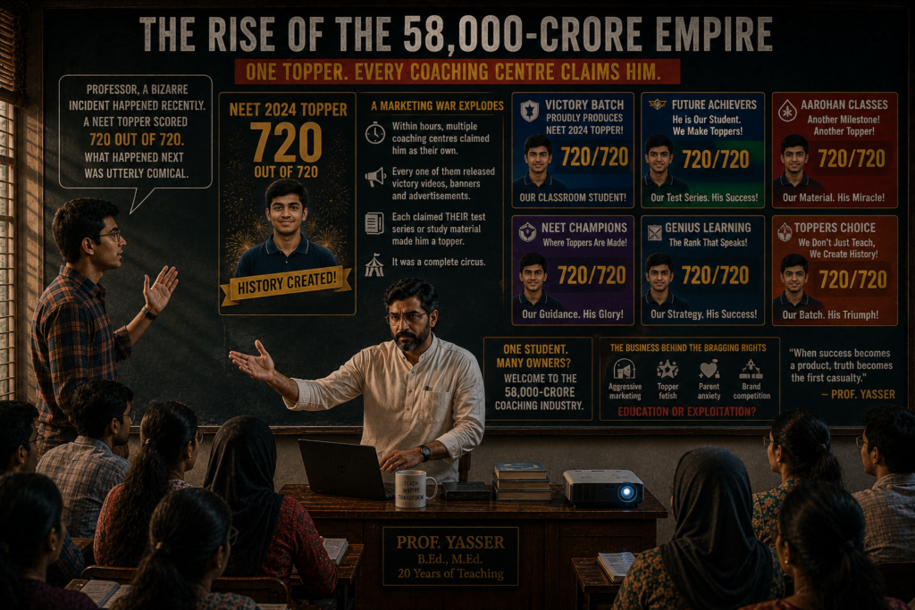 Before the weight of that thought could fully quiet the room, Zafar, who had been listening intently from the middle row, raised his hand to speak. "Professor, if we are talking about commercial syndicates, I want to share a bizarre, almost comical incident that happened recently," Zafar said, leaning forward. "It involves a NEET topper who created history by scoring a perfect 720 out of 720." Professor Yasser gestured with a welcoming wave of his hand. "Go on, Zafar. Let the class hear it." “Sir, the moment the results were declared and that student made history, an absolute marketing war exploded online,” Zafar explained, a wry smile on his face. “Within hours, multiple rival coaching centres released their own victory videos, promotional banners, and advertisements. Every single one of them claimed this exact same topper as their own exclusive classroom student, loudly insisting that their specific test series or their premium study material was the main ingredient behind his perfect score. It was a complete circus.”