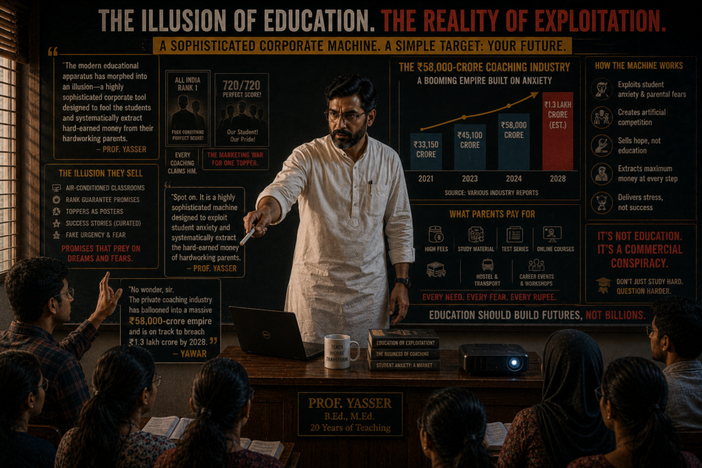 "Fascinating, isn't it?" Professor Yasser said, a sharp, cynical edge cutting through his soft tone. "But beneath the absurdity lies a dark truth. You see, the modern educational apparatus has morphed into an illusion—a highly sophisticated corporate tool designed to fool the students and systematically extract hard-earned money from their hardworking parents." Yawar, who had remained entirely quiet near the back of the room until now, leaned forward, his voice heavy with realization. "No wonder, sir. When you see corporate profiteering on that scale, it makes perfect sense why the private coaching industry has ballooned into a massive ₹58,000-crore empire and is on track to breach ₹1.3 lakh crore by 2028." Professor Yasser nodded in agreement. Professor Yasser pointed his piece of chalk directly at Yawar. “Spot on. It is a highly sophisticated machine designed to exploit student anxiety and systematically extract the hard-earned money of hardworking parents.”