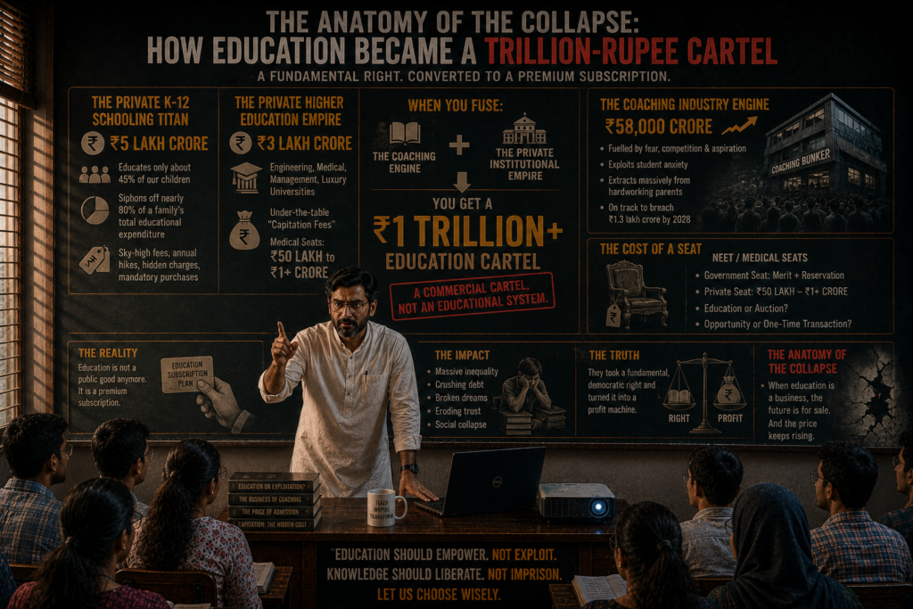 “Look at the sheer scale,” Professor Yasser continued, facing the class. “The private K-12 schooling market in India is a five-lakh-crore titan. Even though private schools educate only about 45% of our children, they siphon off nearly 80% of a family's total educational expenditure. Add private higher education—the engineering, medical, and luxury universities—and you add another three lakh crore to the ledger. Think about the under-the-table 'capitation fees' for medical seats that command anywhere from fifty lakhs to over a crore. When you fuse the coaching engine with this private institutional empire, what do you get?” The class sat in stunned, breathless comprehension. “You get a trillion-rupee commercial cartel,” Professor Yasser said softly, setting the chalk down. “They have taken a fundamental, democratic right and turned it into a premium subscription service—one that gets more ruthlessly expensive every single year. And that, my dear future educators, is the anatomy of the collapse.”