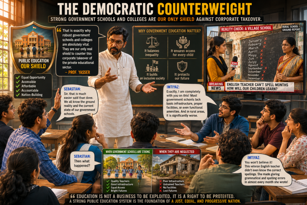 “Exactly, Sir. I am completely with Sebastian on this,” Imtiyaz chimed in, shifting in his seat. “Because when the state retreats, it doesn’t just close buildings—it leaves behind an absolute intellectual wasteland. Most of these surviving government schools completely lack basic infrastructure, proper facilities, or even functional amenities. But the human rot is what truly breaks you, especially in the rural belts.” He paused, a volatile mix of amusement and genuine disbelief crossing his face. “I recently watched a ground report from a remote village school. The journalist walked into a classroom and asked the senior English teacher—a woman with a full decade of teaching experience on her service record—to simply write the twelve months of the year on a crumbling, water-damaged blackboard.”