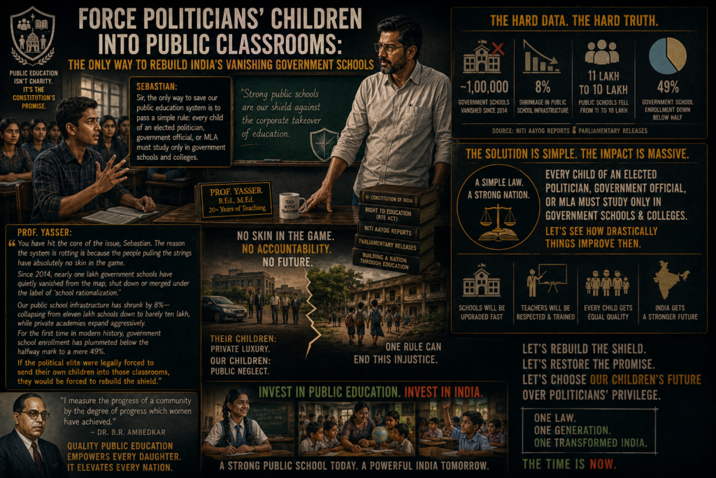 Professor Yasser’s expression turned deeply somber as he leaned back against the edge of his desk. “You have hit the absolute core of the issue, Sebastian. The reason the system is rotting is because the people pulling the strings have absolutely no skin in the game. In fact, if you look at the hard data from NITI Aayog and recent parliamentary releases, the state isn't just neglecting public education—it is actively retreating from it. Since 2014, nearly one lakh government schools have quietly vanished from the map, shut down or merged under the sterile bureaucratic label of 'school rationalization.' Our public school infrastructure has literally shrunk by 8%, collapsing from eleven lakh schools down to barely ten lakh, while private academies aggressively expand to swallow up the territory. For the first time in modern history, government school enrollment has plummeted below the halfway mark to a mere 49%. So you are entirely right. If the political elite were legally forced to send their own flesh and blood into those systematically abandoned classrooms, the state wouldn't be shutting down a single door. They would be forced to rebuild the shield.”